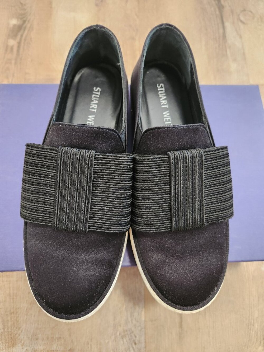 Stuart Weitzman Bowgal Black Satin Slip-On Platform Sneakers